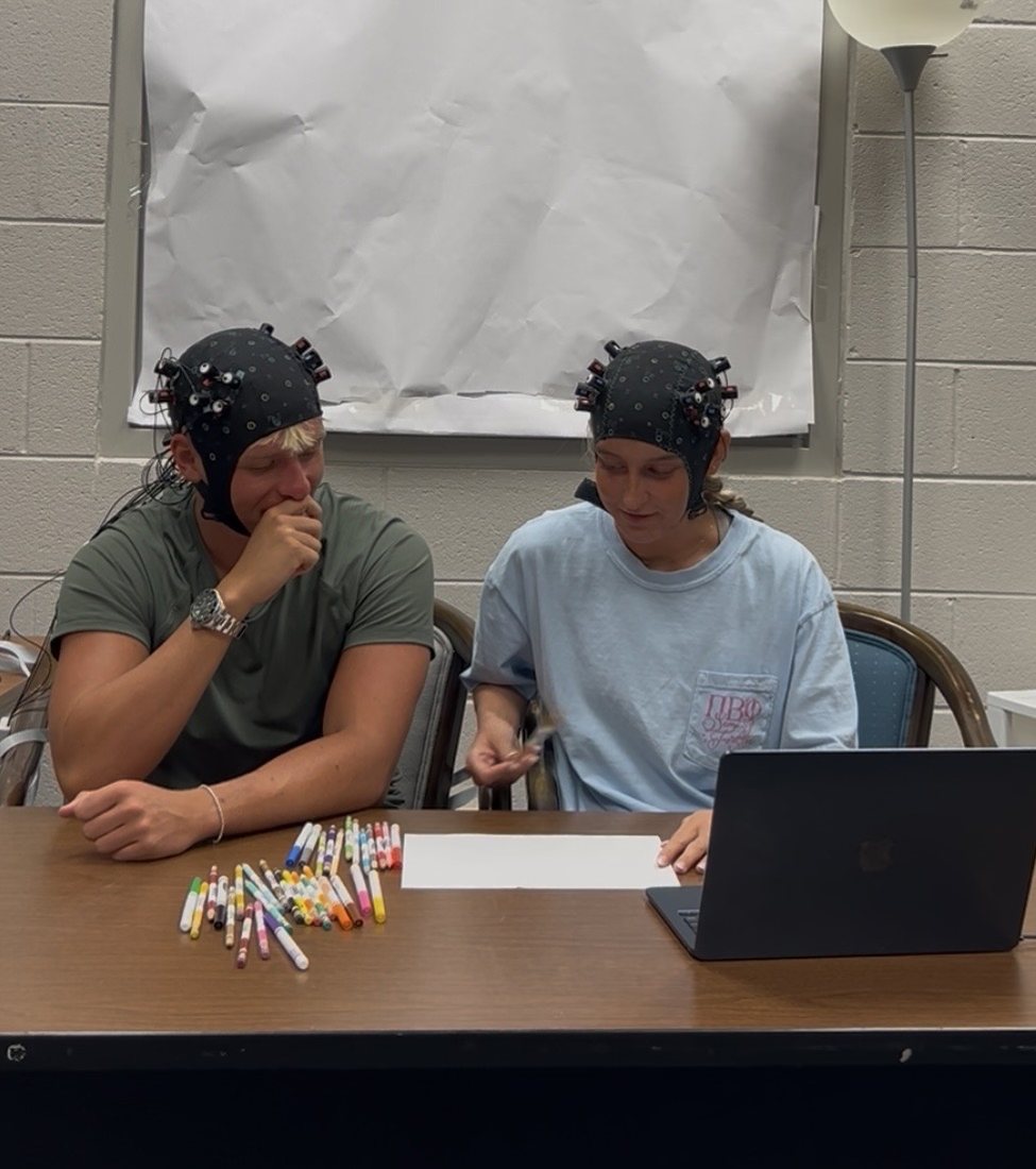 Two lab members wearing fNIRS caps during a collaborative drawing task